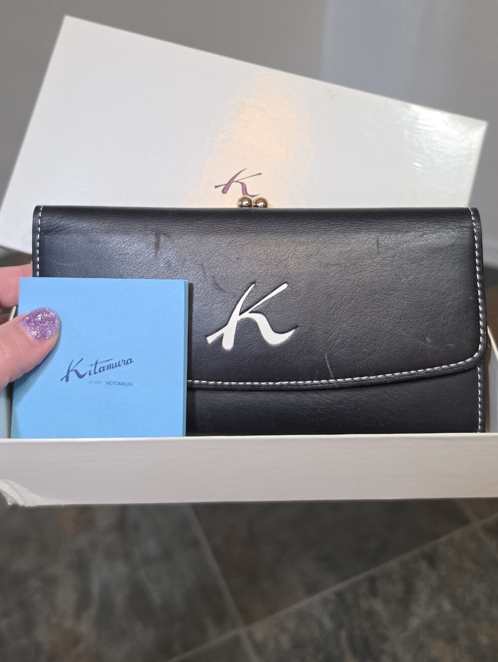 Kitamura Motomachi Leather Long Wallet with Kisslock Clasp PH0384 Black - IN BOX